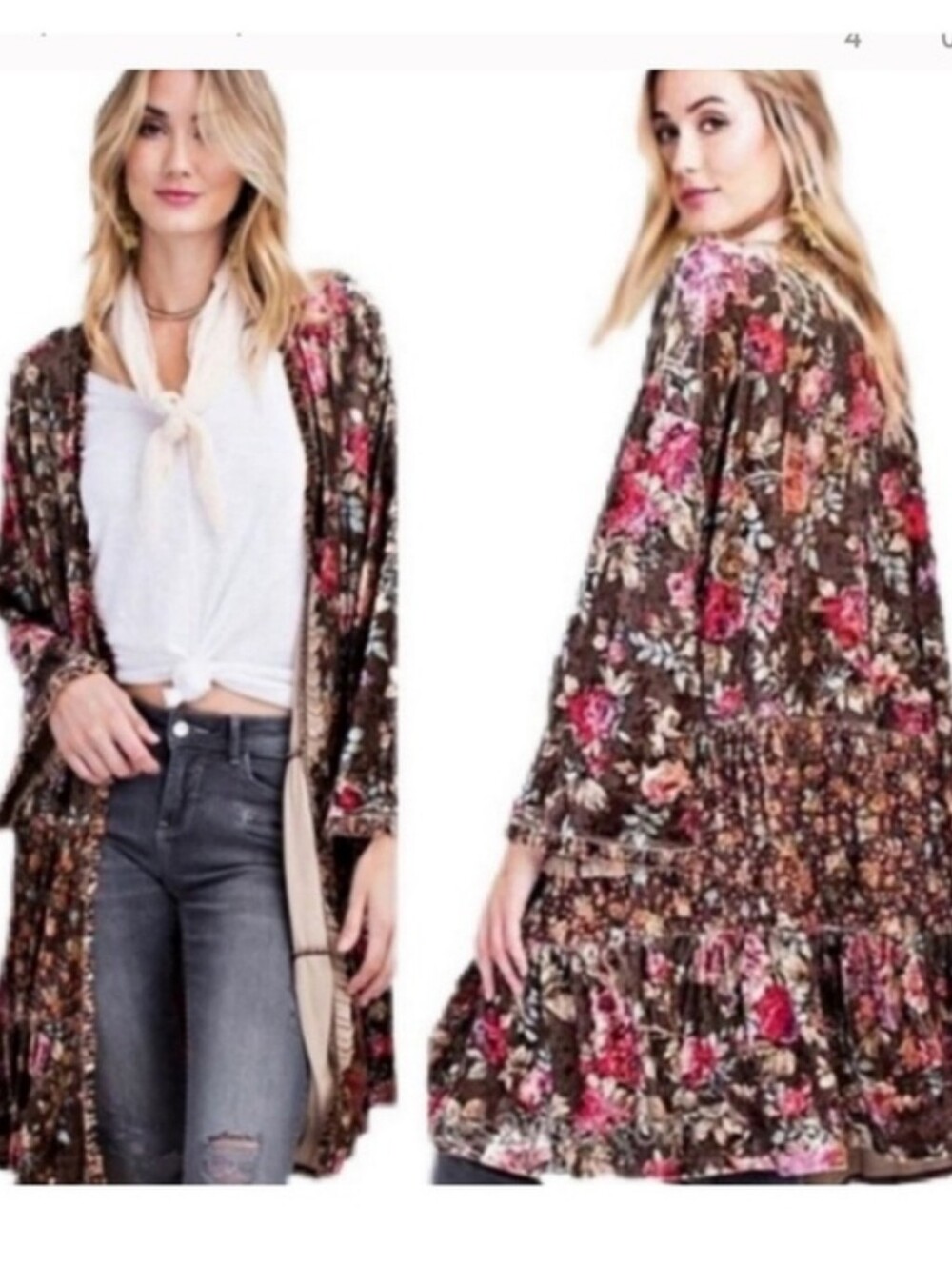 Easel Velvet Floral Boho Open-Front Kimono